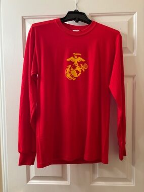 Red Long Sleeve Tee with Yellow USMC Eagle Globe & Anchor